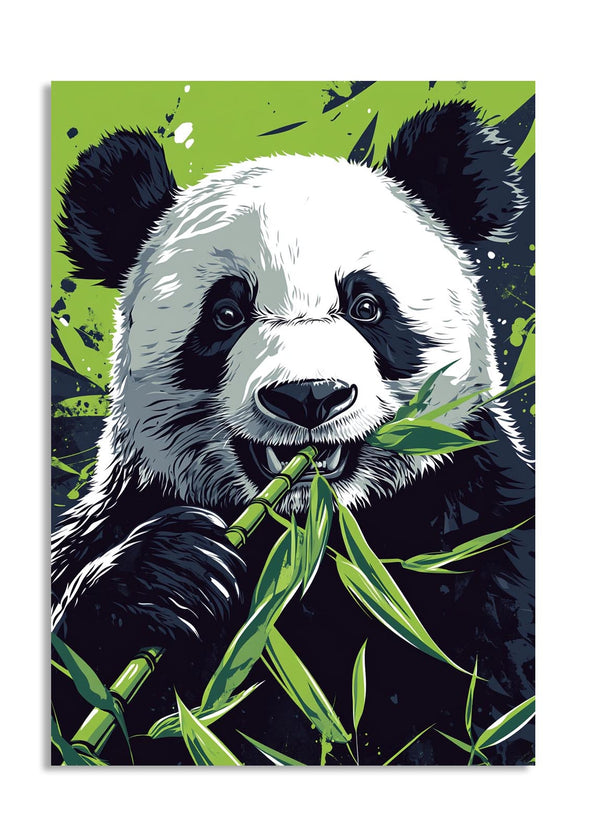 Panda eating bamboo with a green and black abstract background, as a premium aluminum metal print from GoMetalPrint.

