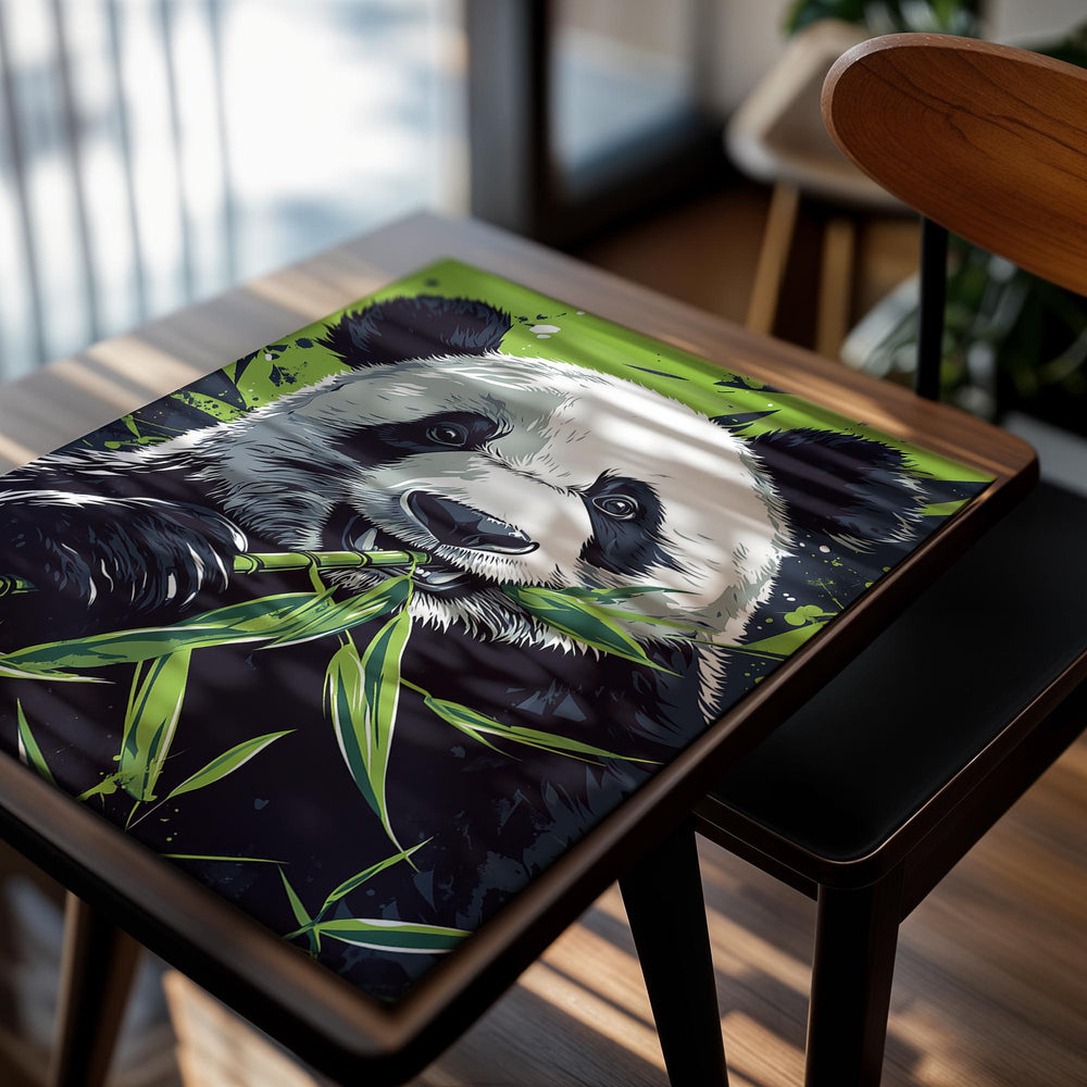 Panda eating bamboo with a green and black abstract background, as a premium aluminum metal print from GoMetalPrint.
