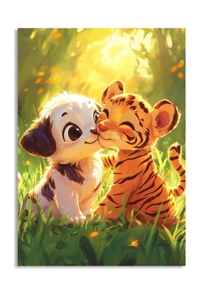Illustration of a dog and a tiger cub sitting together in a grassy field with sunlight filtering through, as a premium aluminum metal print from GoMetalPrint.
