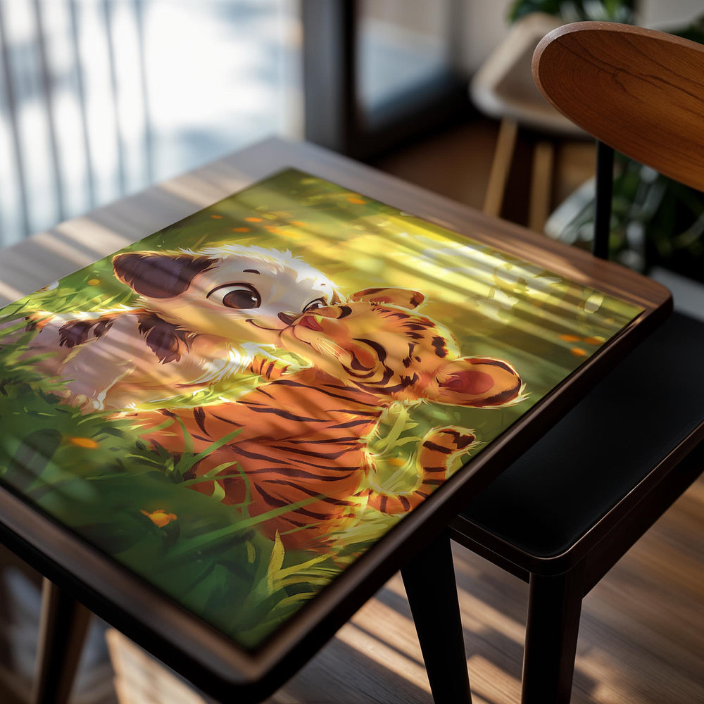 Illustration of a dog and a tiger cub sitting together in a grassy field with sunlight filtering through, as a premium aluminum metal print from GoMetalPrint.
