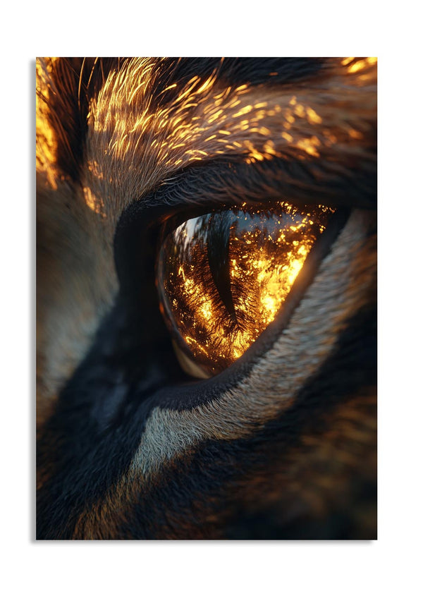 Close-up of a lion's eye with a warm, glowing effect, as a premium aluminum metal print from GoMetalPrint.

