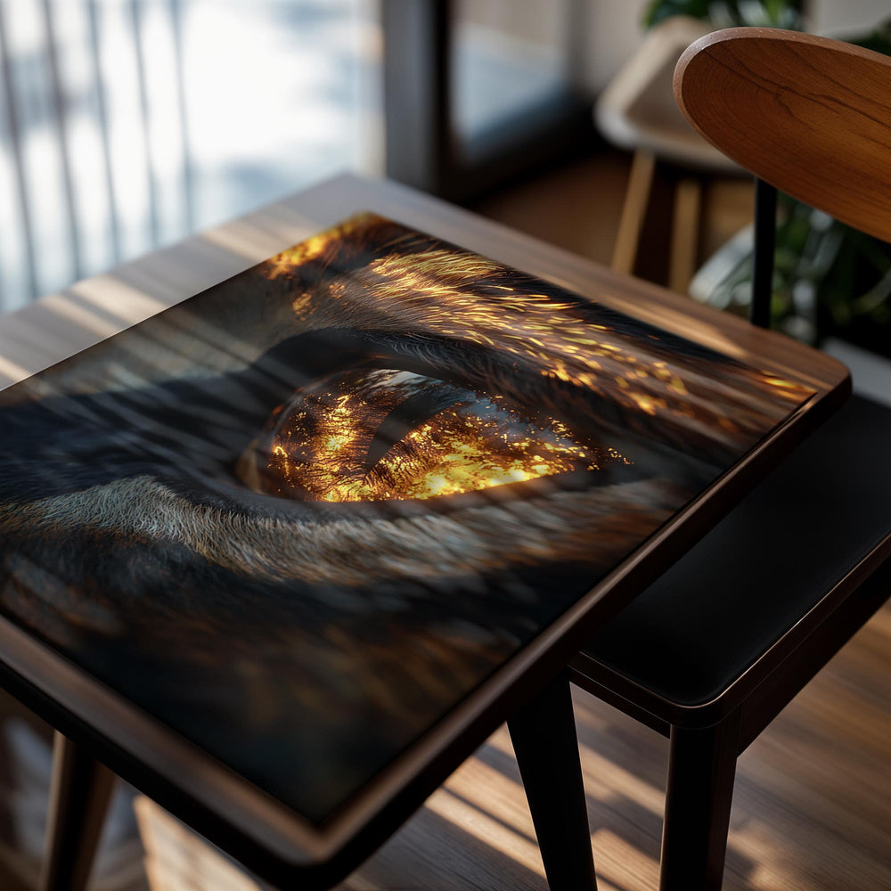 Close-up of a lion's eye with a warm, glowing effect, as a premium aluminum metal print from GoMetalPrint.
