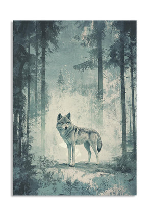 Wolf standing in a forest with a misty background, as a premium aluminum metal print from GoMetalPrint.
