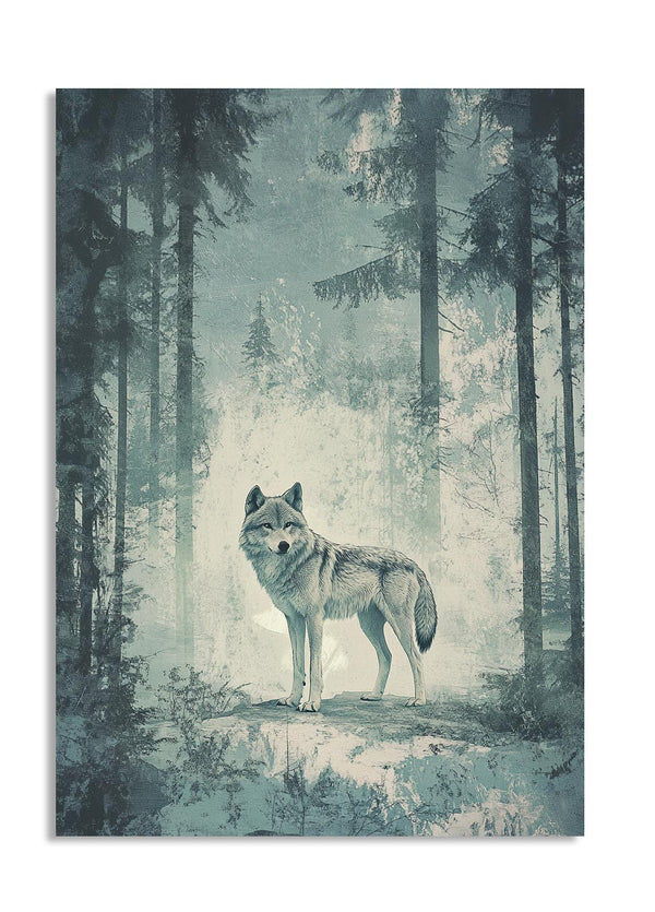 Wolf standing in a forest with a misty background, as a premium aluminum metal print from GoMetalPrint.
