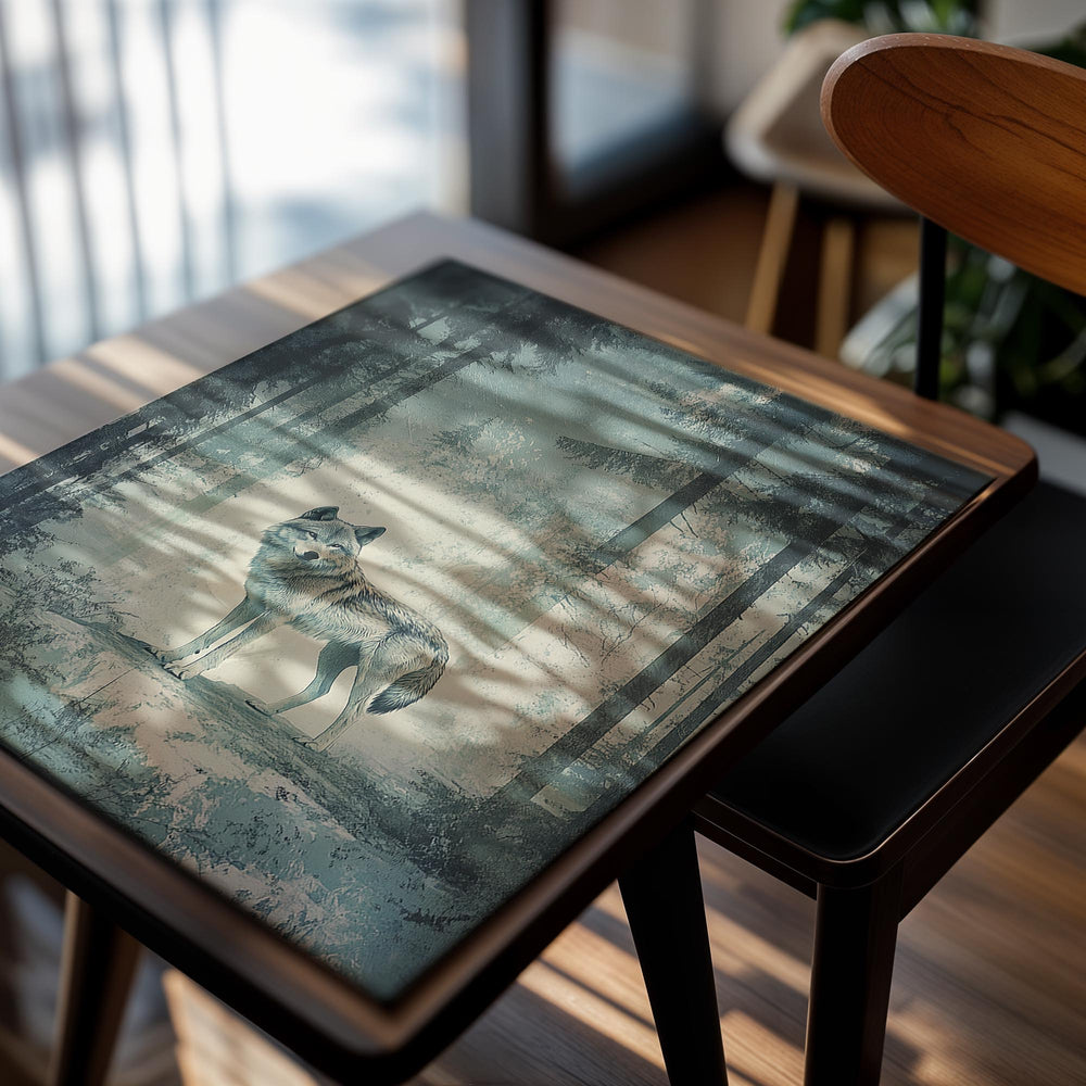 Wolf standing in a forest with a misty background, as a premium aluminum metal print from GoMetalPrint.
