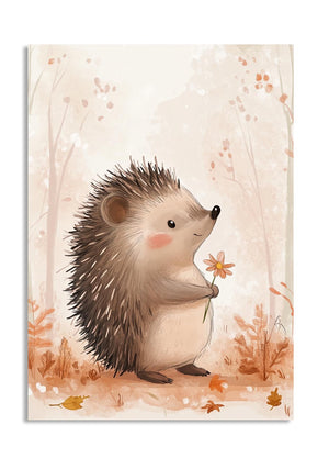Illustration of a hedgehog holding a flower with a soft, pastel background, as a premium aluminum metal print from GoMetalPrint.
