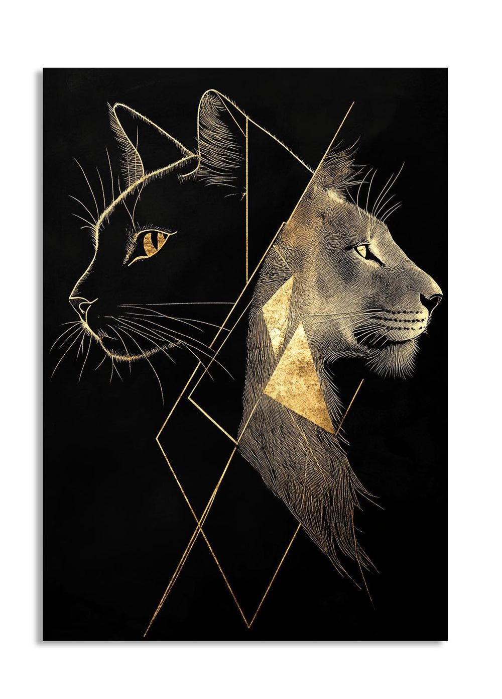 Artistic depiction of a black cat and gray panther on a black background, as a premium aluminum metal print from GoMetalPrint.

