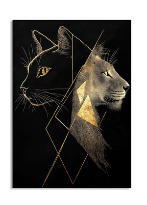 Artistic depiction of a black cat and gray panther on a black background, as a premium aluminum metal print from GoMetalPrint.
