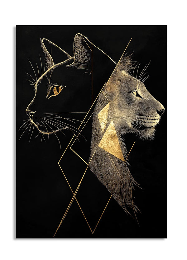 Artistic depiction of a black cat and gray panther on a black background, as a premium aluminum metal print from GoMetalPrint.
