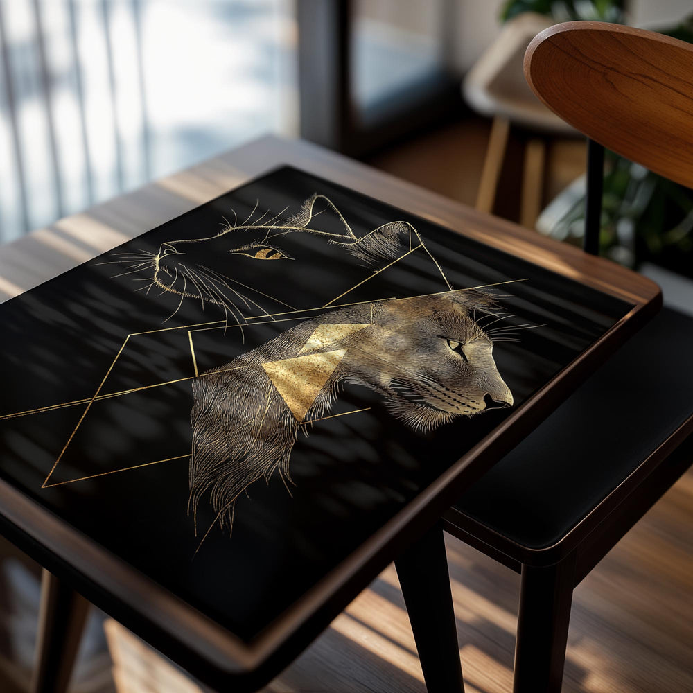 Artistic depiction of a black cat and gray panther on a black background, as a premium aluminum metal print from GoMetalPrint.
