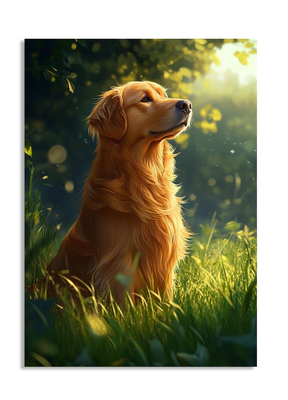 Golden retriever sitting in a grassy field with sunlight filtering through the leaves , as a premium aluminum metal print from GoMetalPrint.
