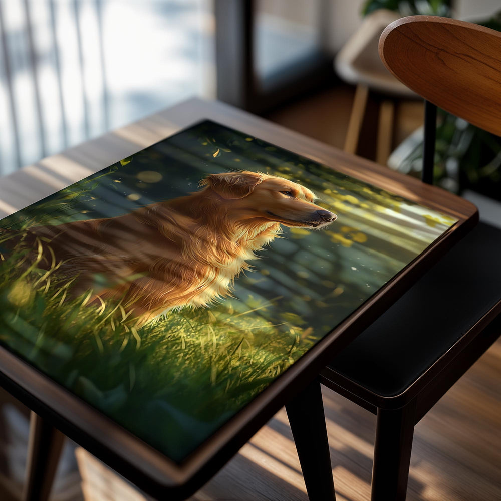Golden retriever sitting in a grassy field with sunlight filtering through the leaves , as a premium aluminum metal print from GoMetalPrint.
