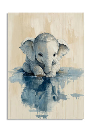 Painting of a baby elephant in water on a wooden panel, as a premium aluminum metal print from GoMetalPrint.
