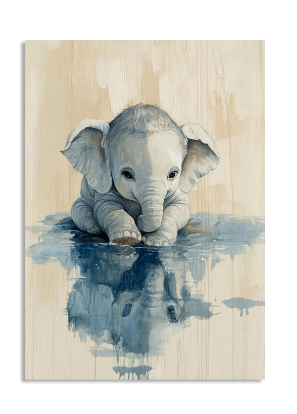 Painting of a baby elephant in water on a wooden panel, as a premium aluminum metal print from GoMetalPrint.
