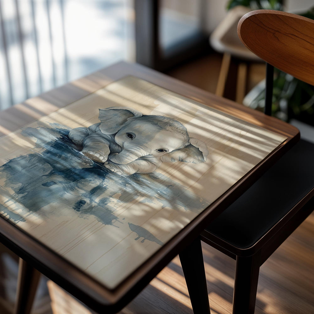 Painting of a baby elephant in water on a wooden panel, as a premium aluminum metal print from GoMetalPrint.
