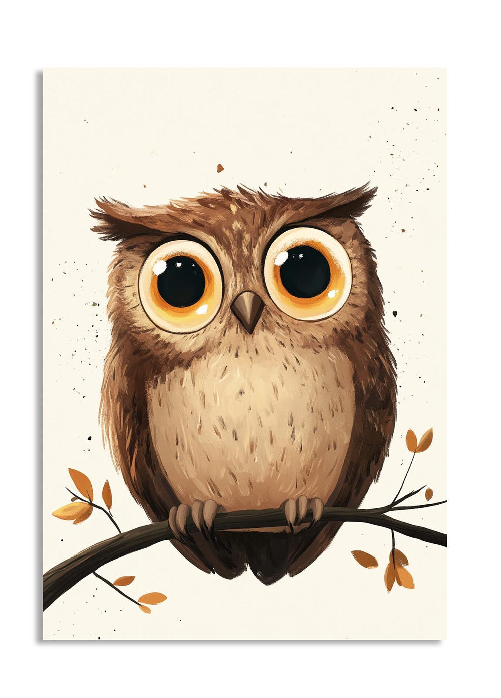 Illustration of an owl on a branch with a beige background, as a premium aluminum metal print from GoMetalPrint.
