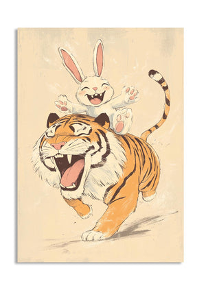 Cartoon rabbit riding on a tiger with a vintage style background, as a premium aluminum metal print from GoMetalPrint.
