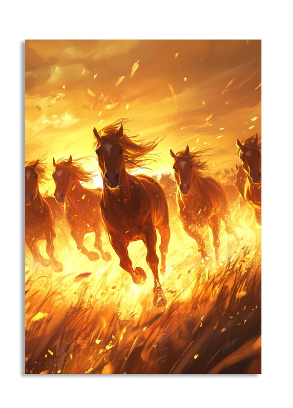 Artistic depiction of horses running in a field with a fiery background, as a premium aluminum metal print from GoMetalPrint.
