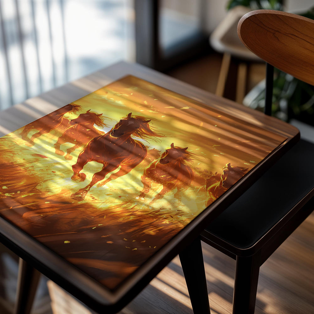 Artistic depiction of horses running in a field with a fiery background, as a premium aluminum metal print from GoMetalPrint.
