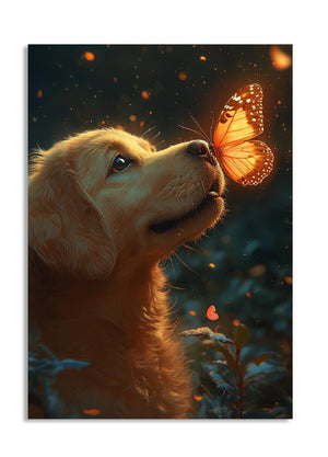 Dog looking at a butterfly with a warm glow, as a premium aluminum metal print from GoMetalPrint.
