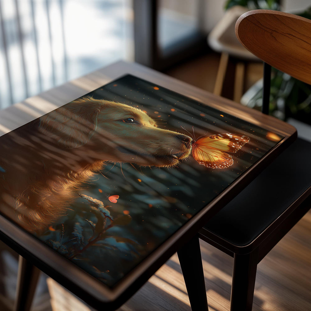 Dog looking at a butterfly with a warm glow, as a premium aluminum metal print from GoMetalPrint.
