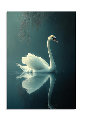 White swan on a dark blue water surface with a blurred background, as a premium aluminum metal print from GoMetalPrint.
