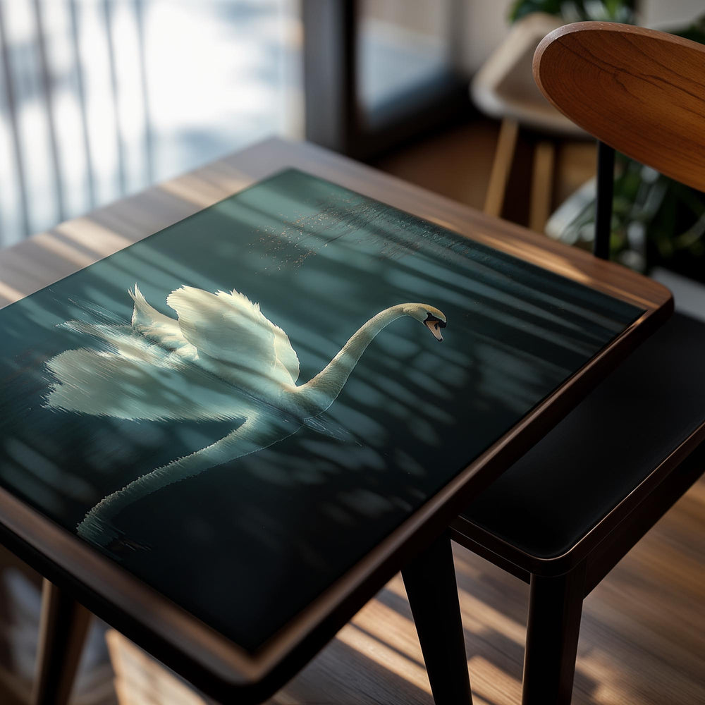 White swan on a dark blue water surface with a blurred background, as a premium aluminum metal print from GoMetalPrint.
