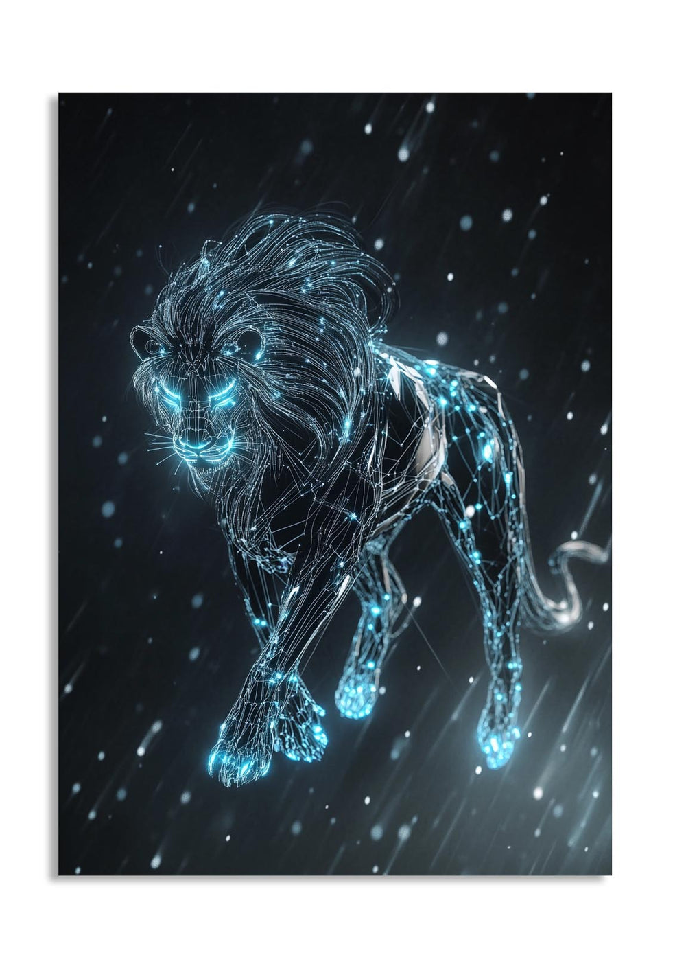 Digital art of a lion with glowing blue accents on a dark background, as a premium aluminum metal print from GoMetalPrint.
