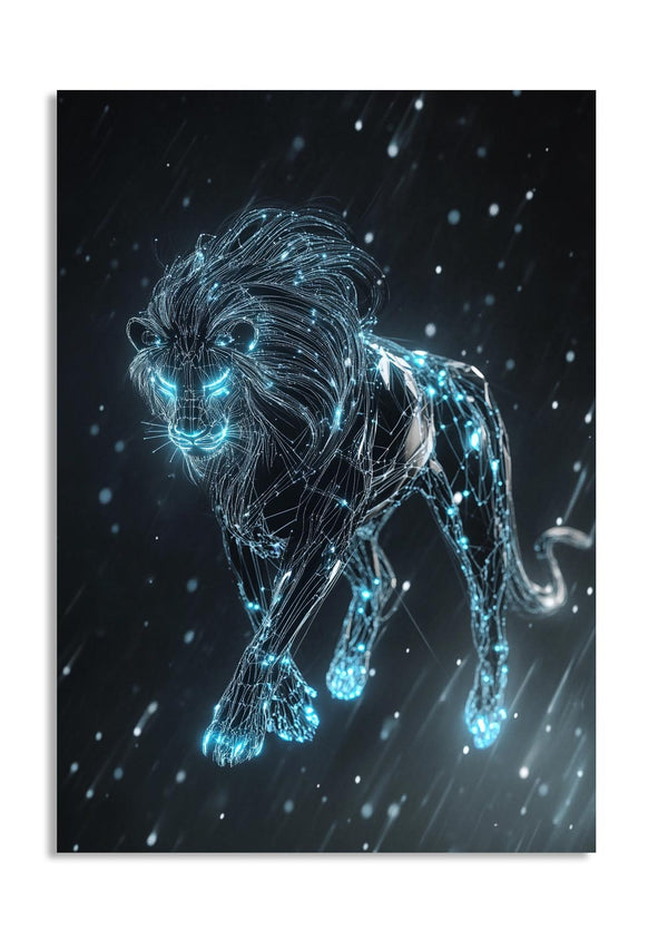 Digital art of a lion with glowing blue accents on a dark background, as a premium aluminum metal print from GoMetalPrint.
