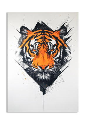 Artistic depiction of a tiger's face with a geometric design on a white background, as a premium aluminum metal print from GoMetalPrint.
