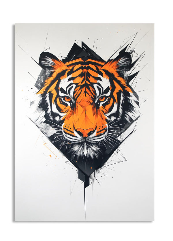Artistic depiction of a tiger's face with a geometric design on a white background, as a premium aluminum metal print from GoMetalPrint.
