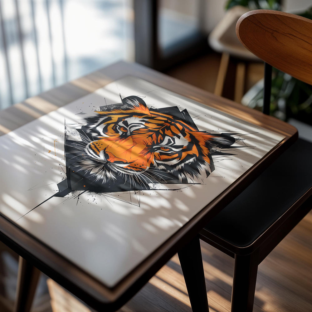 Artistic depiction of a tiger's face with a geometric design on a white background, as a premium aluminum metal print from GoMetalPrint.
