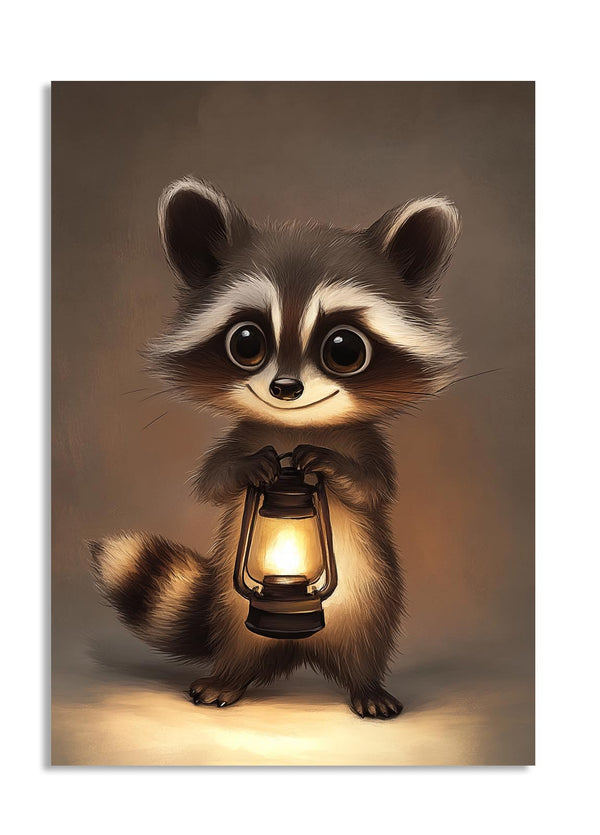 Illustration of a raccoon holding a lantern against a brown background, as a premium aluminum metal print from GoMetalPrint.
