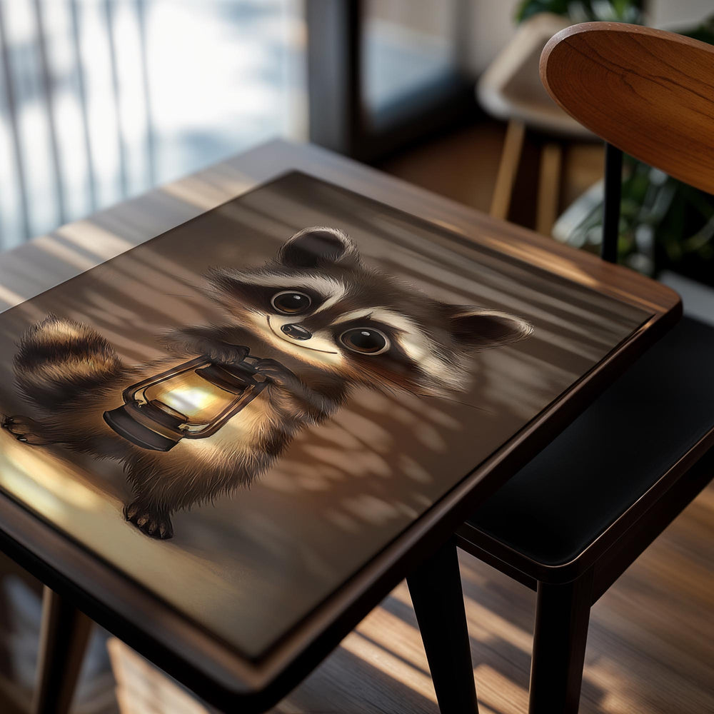 Illustration of a raccoon holding a lantern against a brown background, as a premium aluminum metal print from GoMetalPrint.
