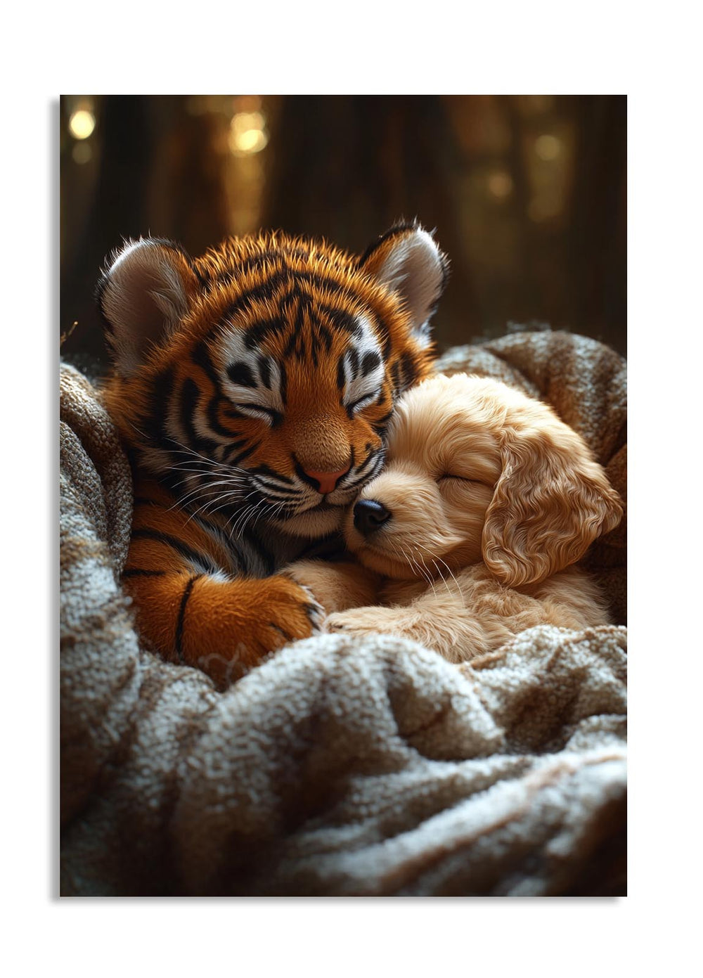 Plush tiger and dog toy together in a soft blanket, as a premium aluminum metal print from GoMetalPrint.
