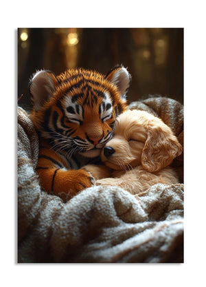Plush tiger and dog toy together in a soft blanket, as a premium aluminum metal print from GoMetalPrint.
