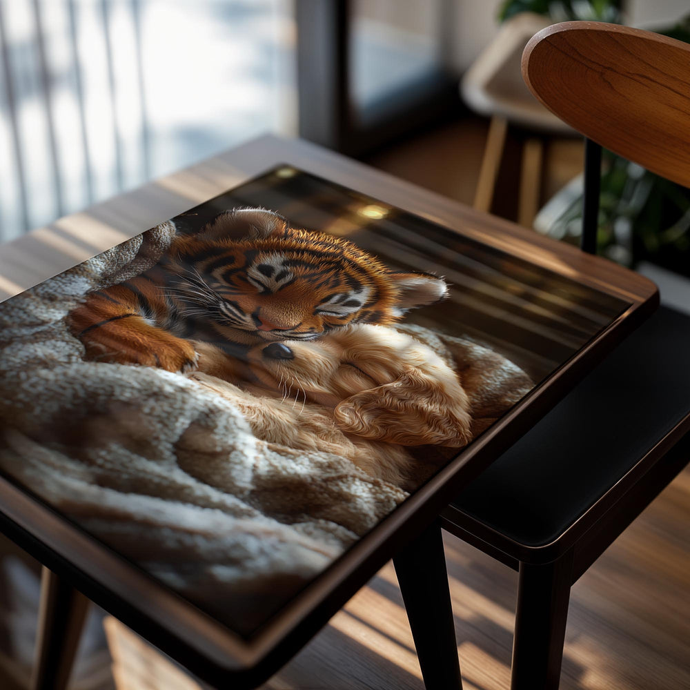 Plush tiger and dog toy together in a soft blanket, as a premium aluminum metal print from GoMetalPrint.
