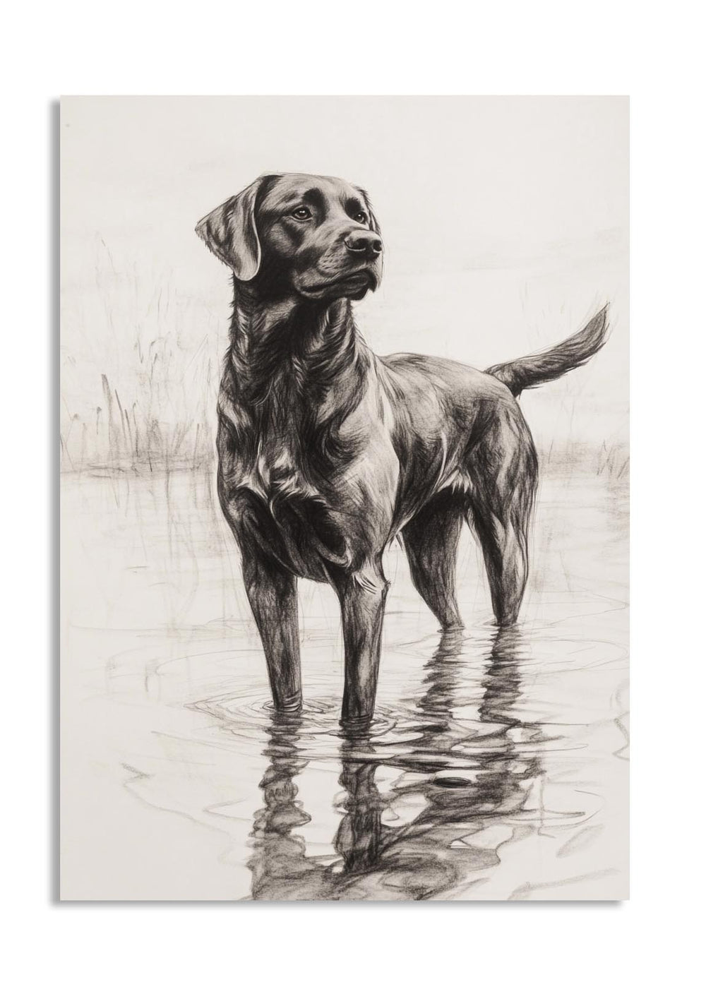 Artistic depiction of a dog standing in water, as a premium aluminum metal print from GoMetalPrint.
