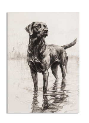 Artistic depiction of a dog standing in water, as a premium aluminum metal print from GoMetalPrint.
