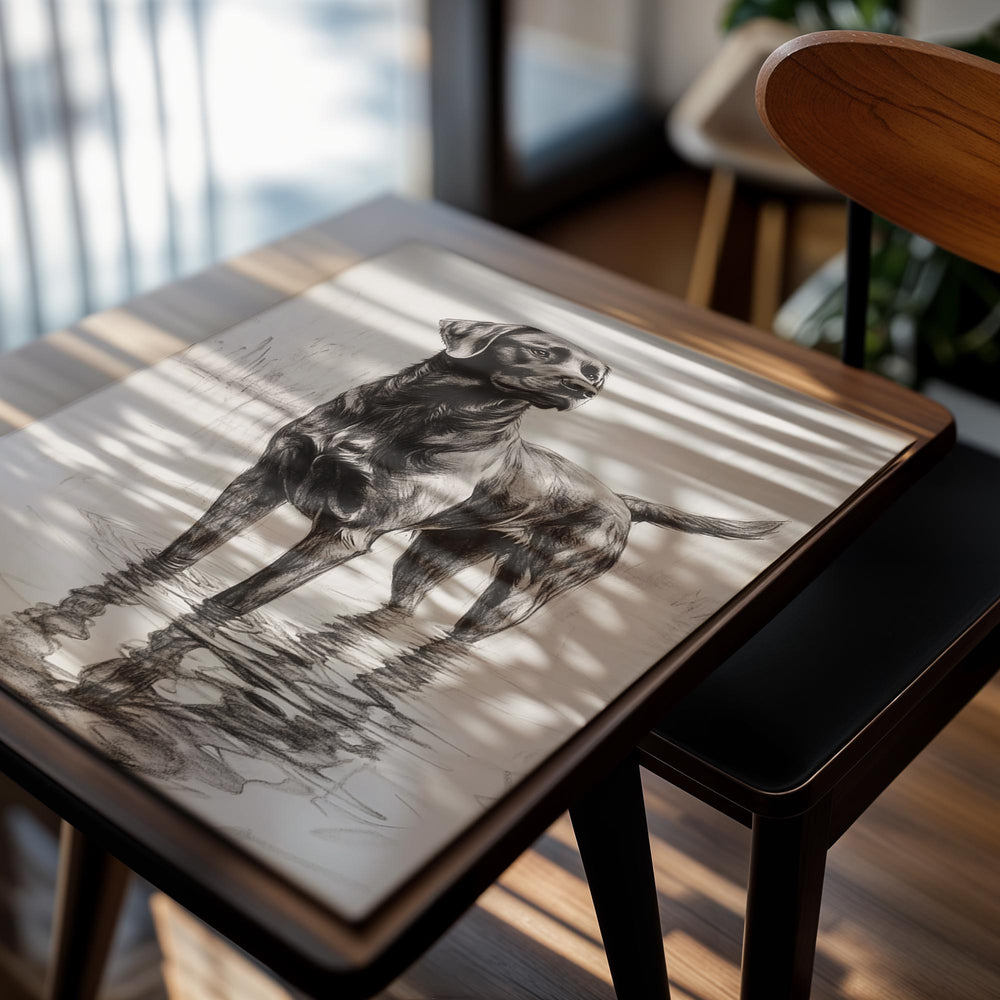 Artistic depiction of a dog standing in water, as a premium aluminum metal print from GoMetalPrint.
