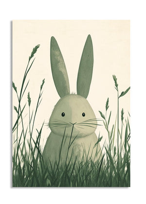 Illustration of a rabbit in tall grass on a beige background, as a premium aluminum metal print from GoMetalPrint.
