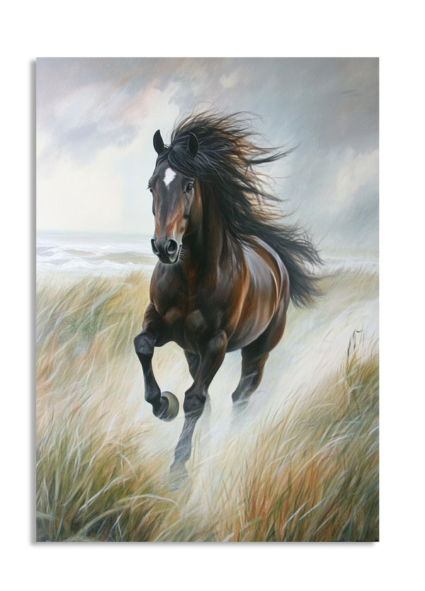 Painting of a horse running on a grassy field with a cloudy sky, as a premium aluminum metal print from GoMetalPrint.
