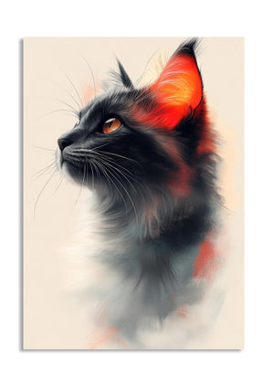 Artistic depiction of a black cat with red glowing eyes on a beige background, as a premium aluminum metal print from GoMetalPrint.
