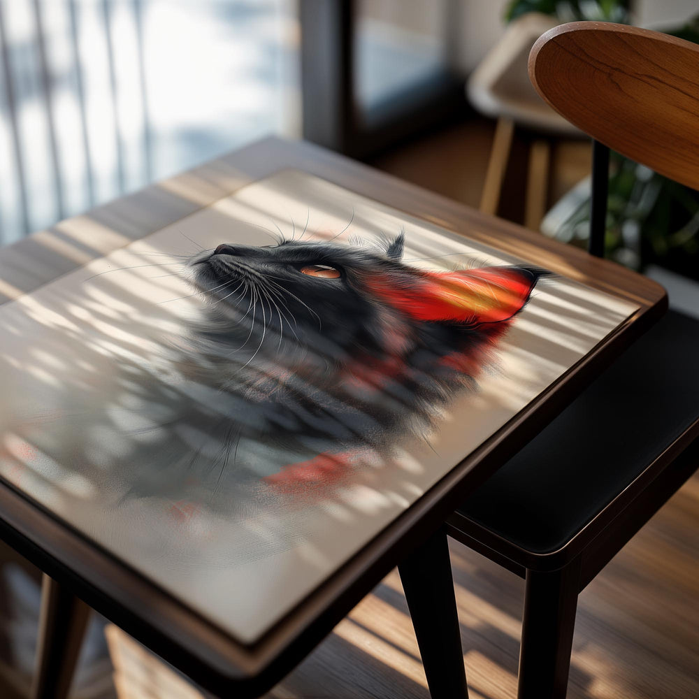 Artistic depiction of a black cat with red glowing eyes on a beige background, as a premium aluminum metal print from GoMetalPrint.
