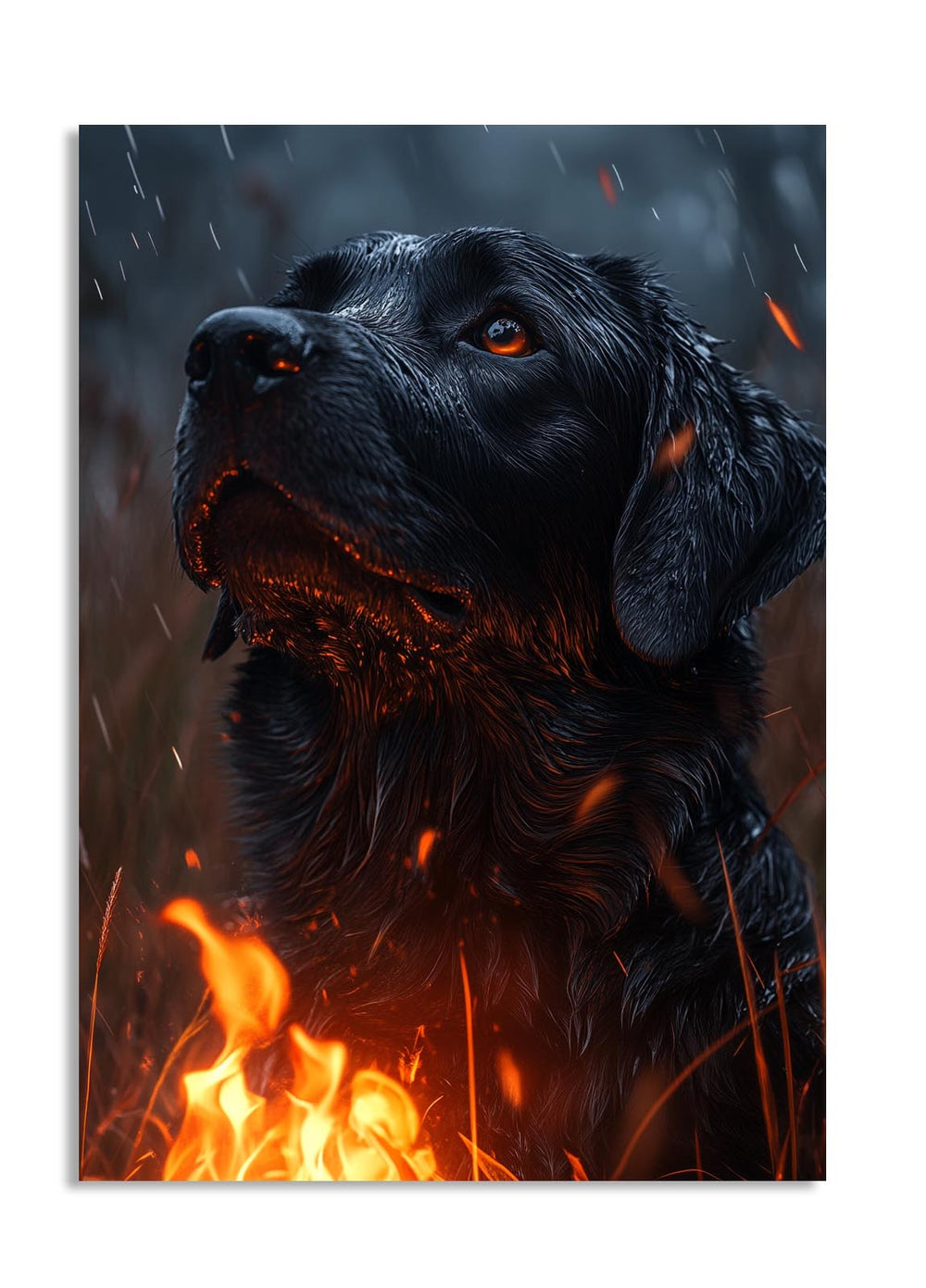 Black dog in a dark, fiery landscape, as a premium aluminum metal print from GoMetalPrint.
