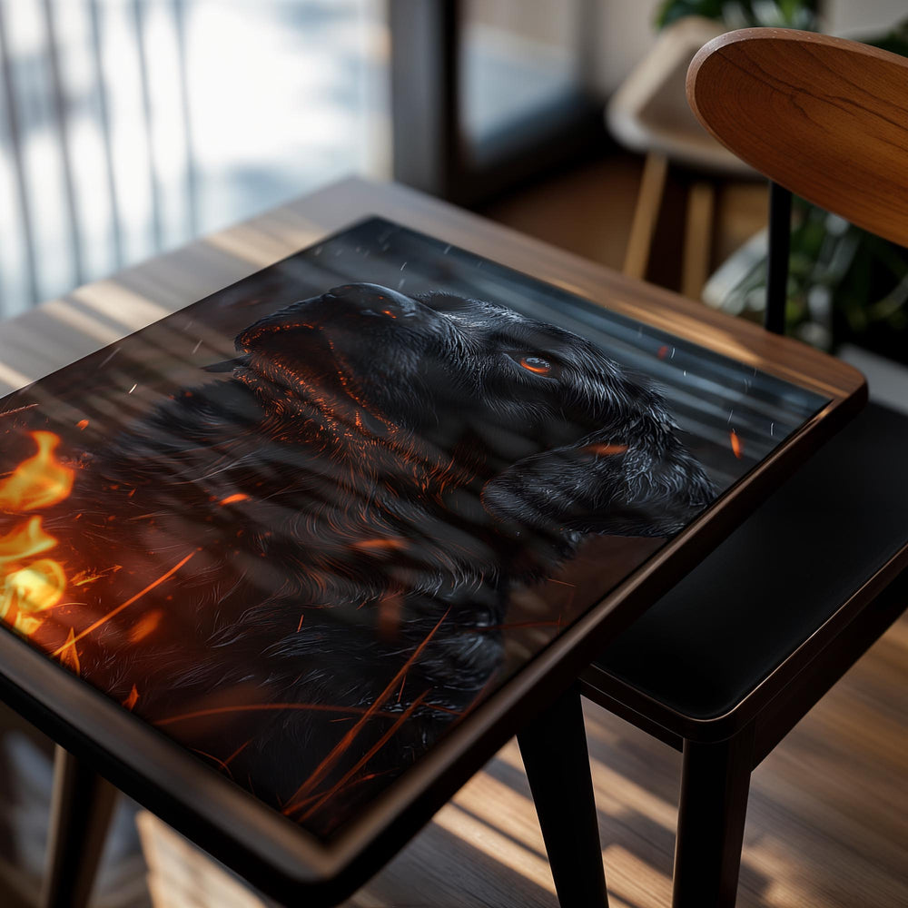 Black dog in a dark, fiery landscape, as a premium aluminum metal print from GoMetalPrint.
