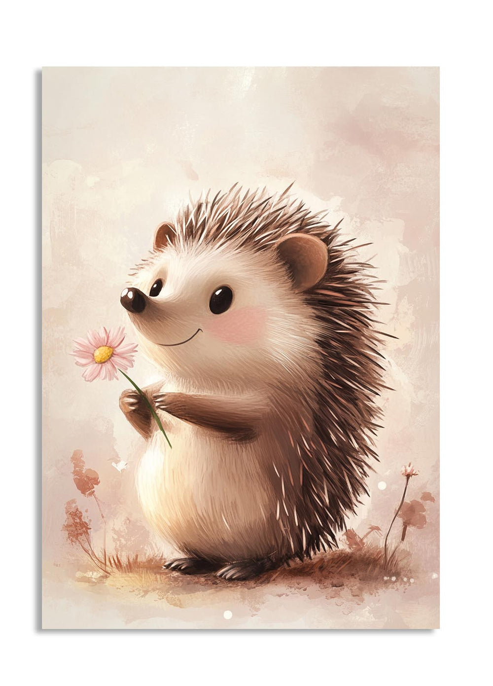Illustration of a hedgehog holding a flower on a soft background, as a premium aluminum metal print from GoMetalPrint.

