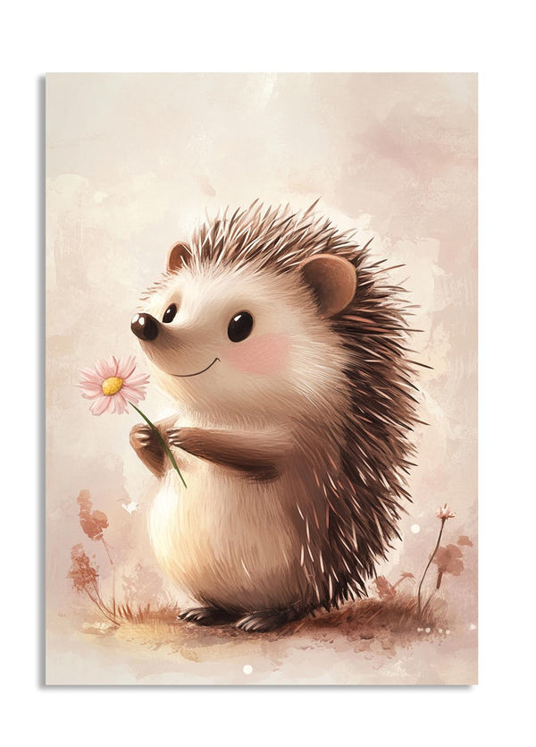 Illustration of a hedgehog holding a flower on a soft background, as a premium aluminum metal print from GoMetalPrint.
