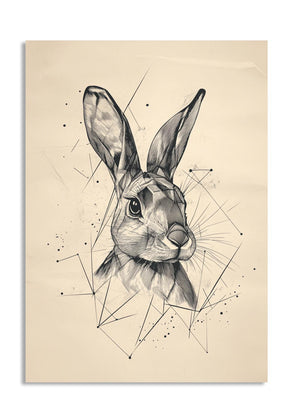 Geometric illustration of a rabbit head on a beige background, as a premium aluminum metal print from GoMetalPrint.
