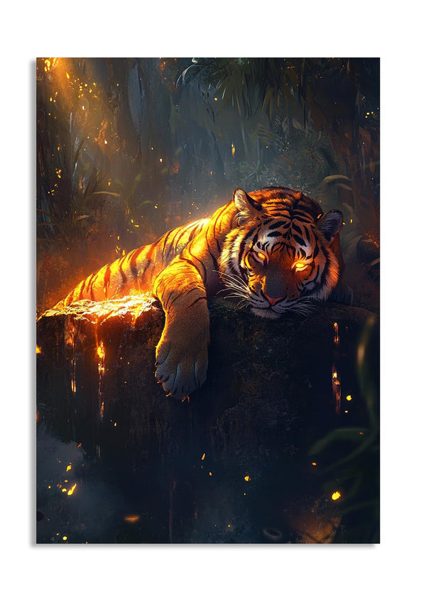 Fierce tiger in a dark forest with glowing eyes, as a premium aluminum metal print from GoMetalPrint.
